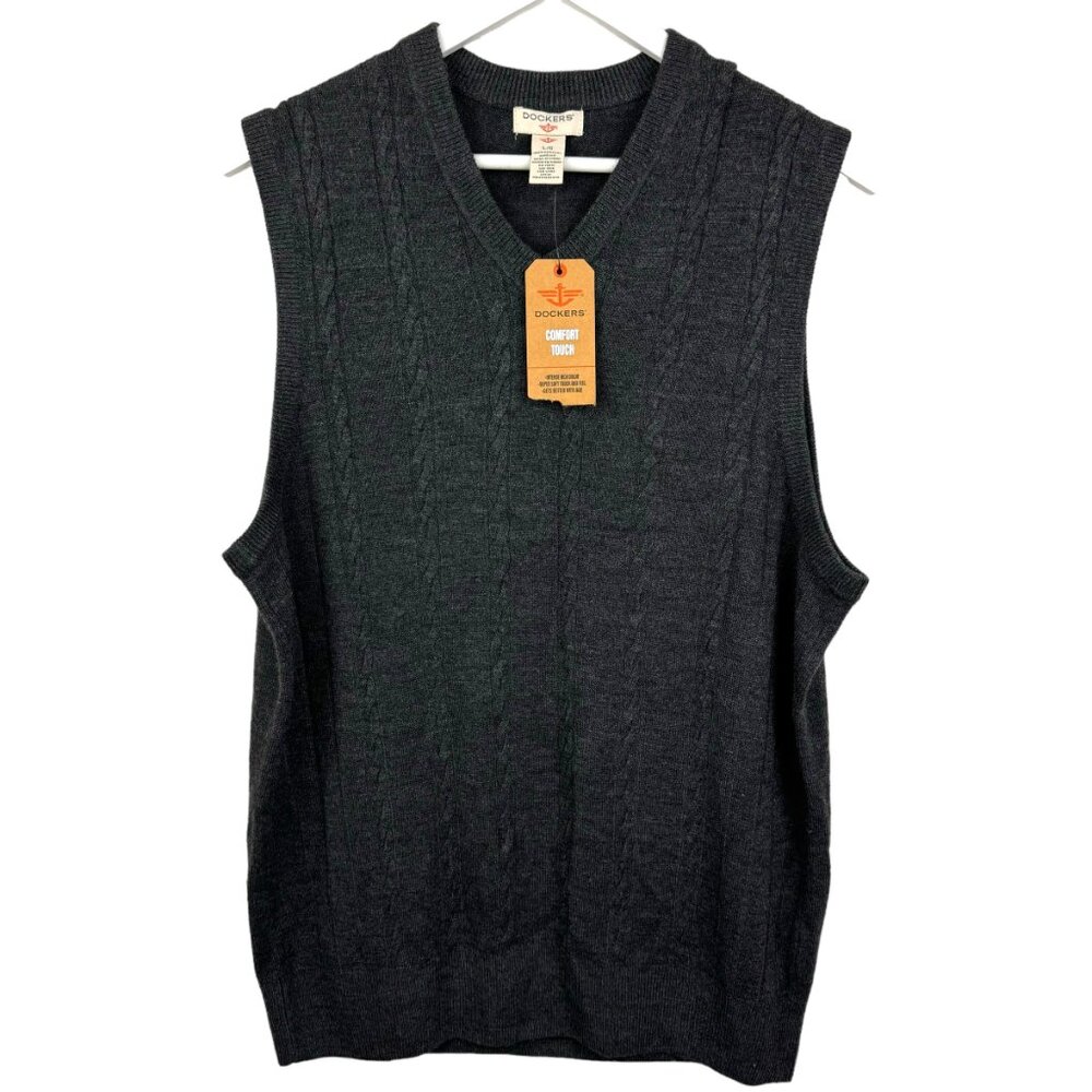 Dockers Sweater Vest Mens Large Charcoal Gray Cable Knit Comfort Touch V Neck